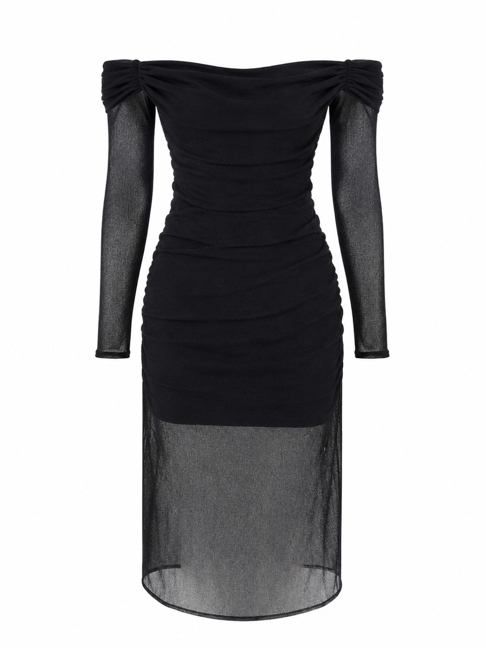 Black Off-Shoulder Ruched Mesh Sleeve Dress Women’s Sz: Medium